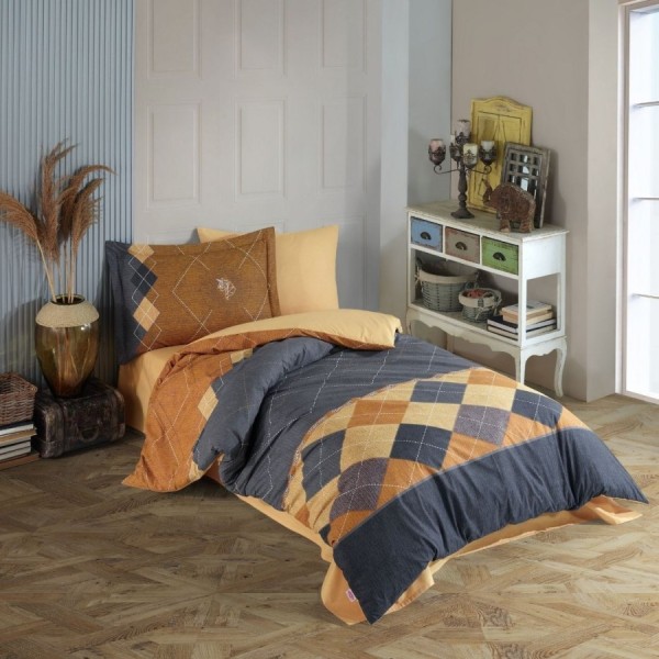 Lenjerie pat 1 persoana Hobby Home Carilla galben, cu imprimeu geometric