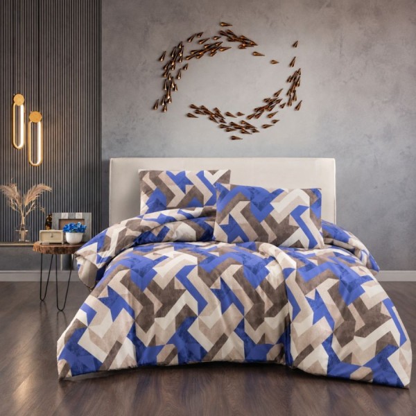 Lenjerie de pat bej cu model zig zag RAYCE, bumbac 100%, 4 piese, cearșaf elastic, saltele 140x200 cm și 160x200 cm, design geometric albastru, bej, gri