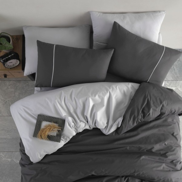 Lenjerie de pat din bumbac ranforce 100% cu 6 piese, model uni elegant în nuanțe de gri și alb, oferind un aspect modern și rafinat dormitorului tău