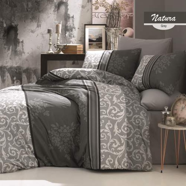 Lenjerie de pat din bumbac ranforce 100% cu 6 piese, model floral clasic în nuanțe de gri și alb, decorată cu detalii elegante și accente sofisticate