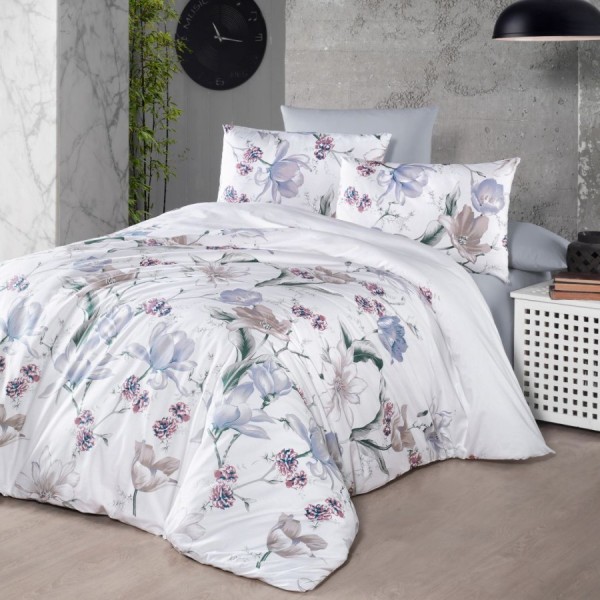 Lenjerie pat bumbac 100% ranforce 6 piese First Choice Layla flori bej gri 200x220 cu cearceaf de pat uni