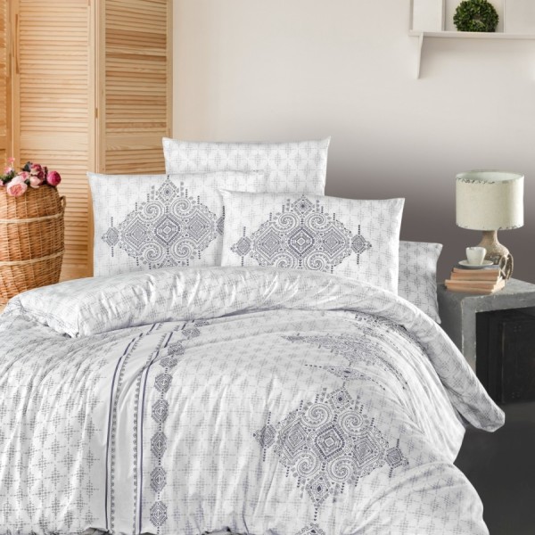Lenjerie de pat Story Home Daniel din bumbac cu model geometric gri pe fundal alb