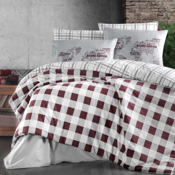 Lenjerie de pat Story Home Edmond Dark Red din bumbac cu model carouri roșu închis și alb