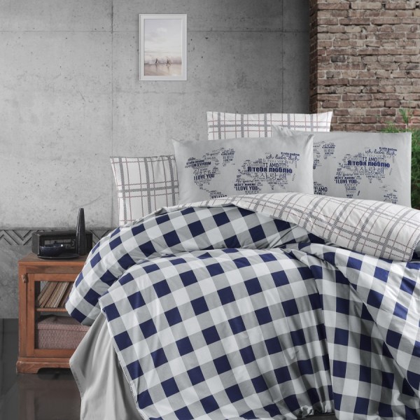 Lenjerie de pat Story Home Edmond Navy Blue din bumbac cu model carouri albastru închis și alb