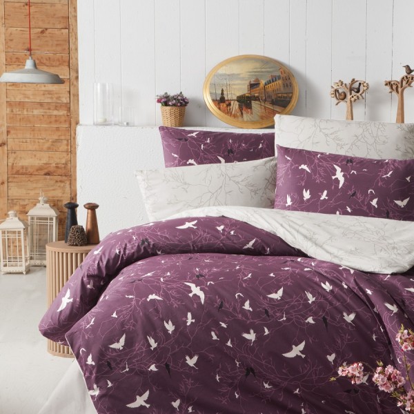 Lenjerie de pat Story Home Freedom Damson din bumbac cu model de păsări albe pe fundal vișiniu