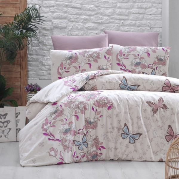 Lenjerie de pat Story Home Kelebek Powder din bumbac cu model flori și fluturi în nuanțe de roz, albastru și mov pe fundal crem