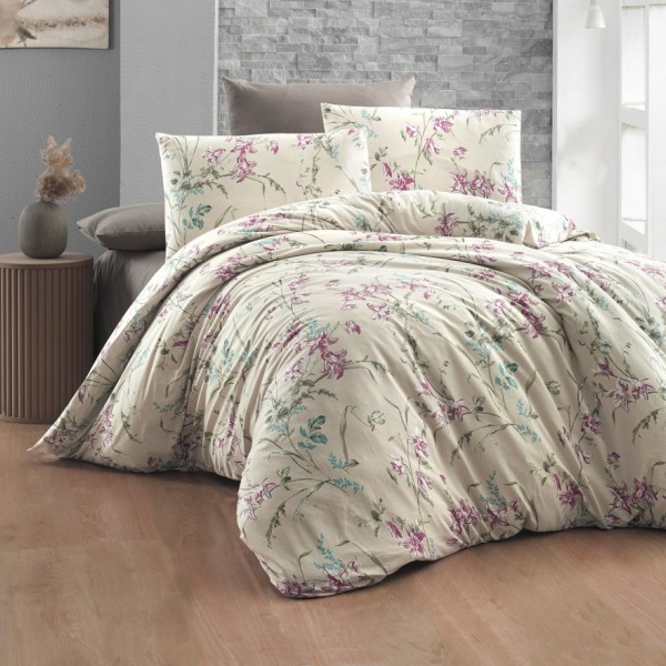 Lenjerie de pat Story Home Maddy din bumbac cu model floral în nuanțe de roz și verde pe fundal crem