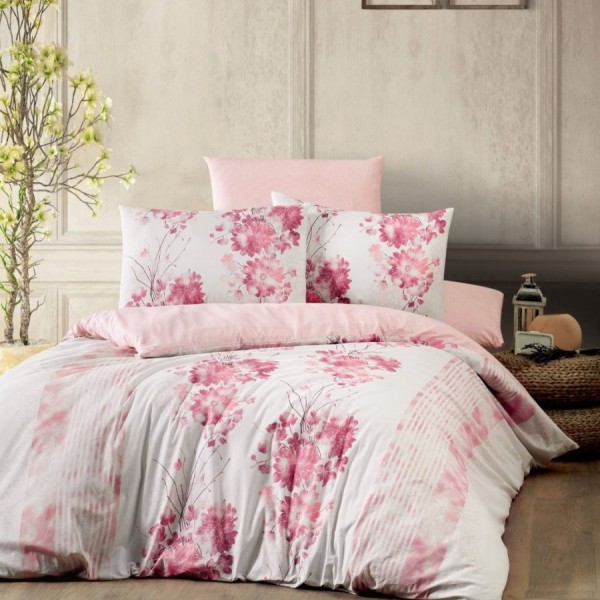 Lenjerie de pat Story Home Rina din bumbac 100% ranforce, cu design floral roz pe fundal alb și roz pal