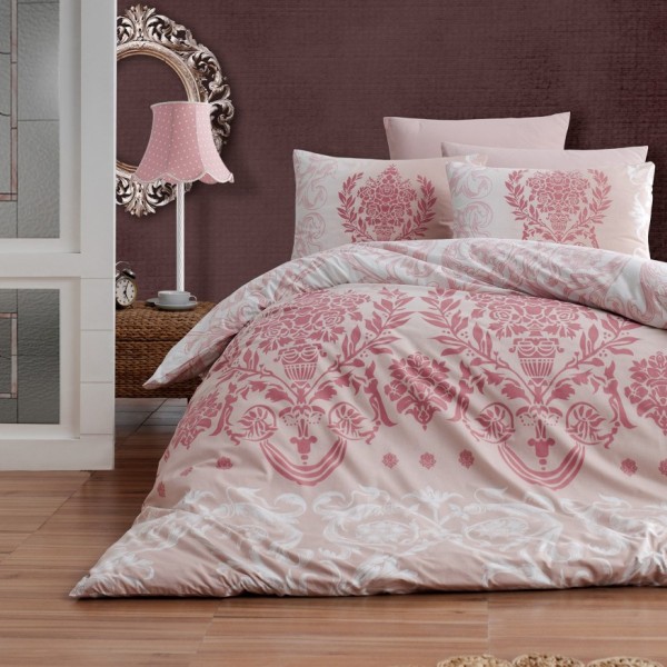 Lenjerie de pat Story Home Dalyan Powder din bumbac cu model baroc roz pe fundal crem