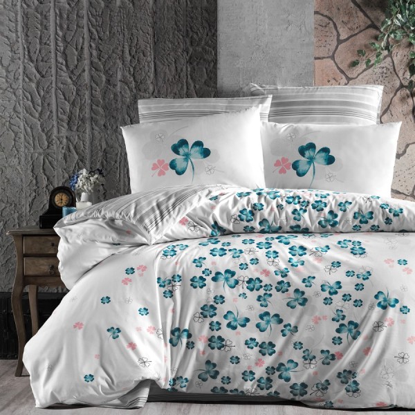 Lenjerie de pat Story Home Change Turcoaz din bumbac cu model de trifoi turcoaz și roz