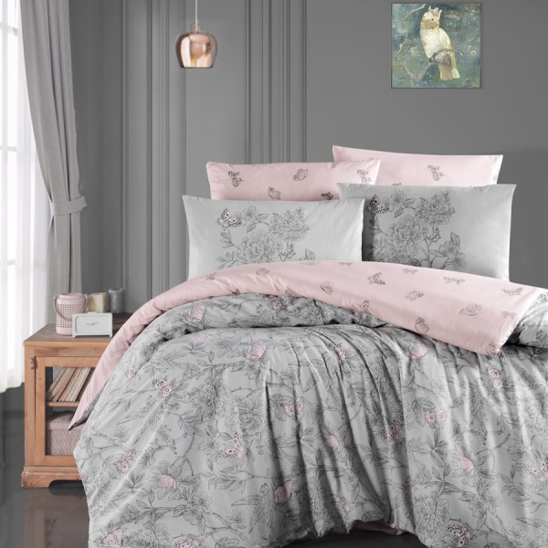 Lenjerie de pat Story Home Paradise Grey din bumbac 100% ranforce, cu design floral gri și roz pe fundal gri deschis