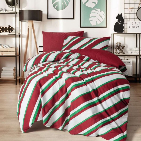 Lenjerie pat Craciun bumbac ranforce Merry Red cu dungi rosii, albe si verzi Cozy Home