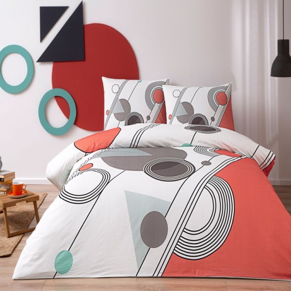 Lenjerie de pat cu elastic pentru saltea de 160x200 cm, design geometric modern în nuanțe de gri, negru și roșu, bumbac 100% ranforce