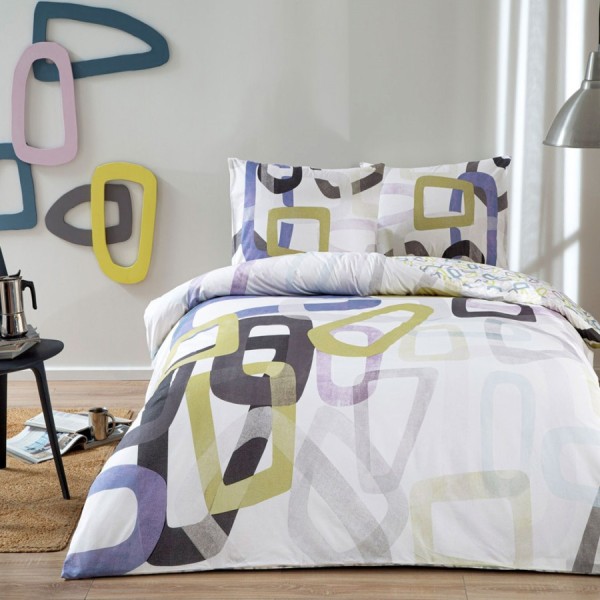 Lenjerie pat bumbac 100% ranforce Feur cu elastic 6 piese design abstract pastel