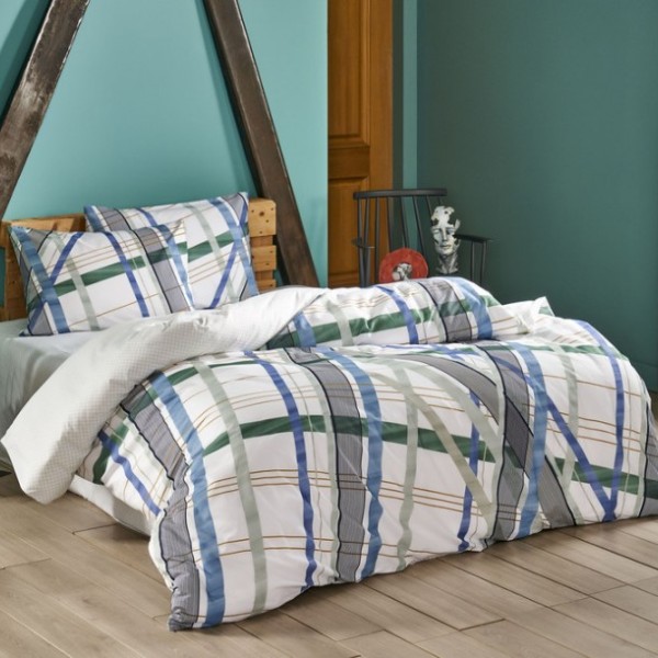 Lenjerie de pat din bumbac 100% ranforce cu design geometric în nuanțe de albastru și gri