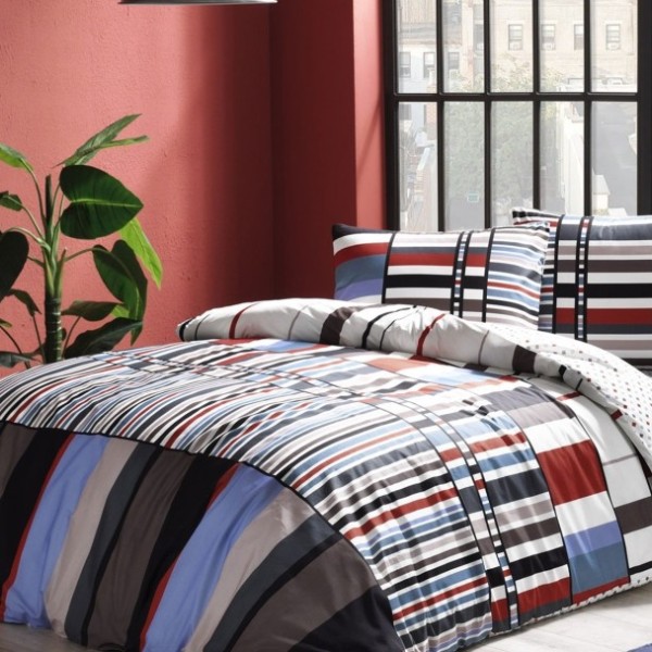 Lenjerie de pat cu elastic pentru saltea de 160x200 cm, design modern în dungi multicolore, bumbac 100% ranforce