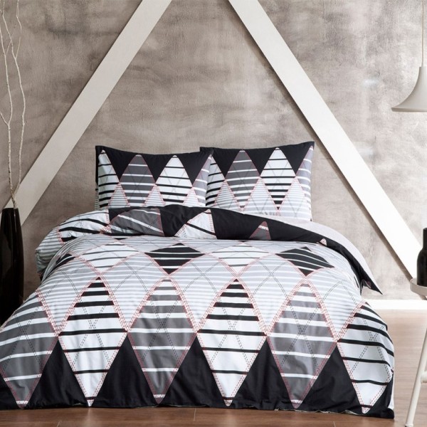 Lenjerie de pat cu elastic pentru saltea de 160x200 cm, design geometric alb-negru cu accente roșii, bumbac 100% ranforce