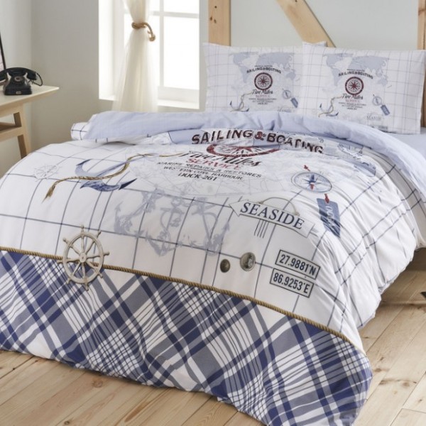 Lenjerie de pat cu elastic pentru saltea de 160x200cm din bumbac 100% ranforce cu design nautic, set de 4 piese