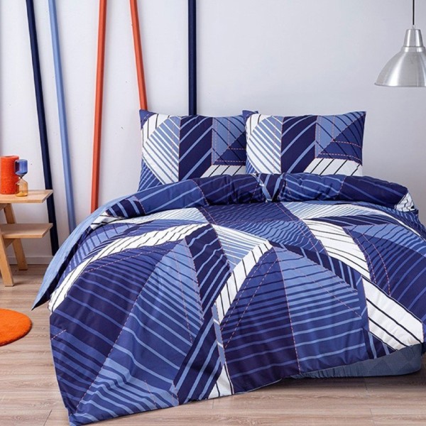 Lenjerie de pat cu elastic pentru saltea de 160x200 cm, design geometric în albastru și alb cu accente portocalii, bumbac 100% ranforce