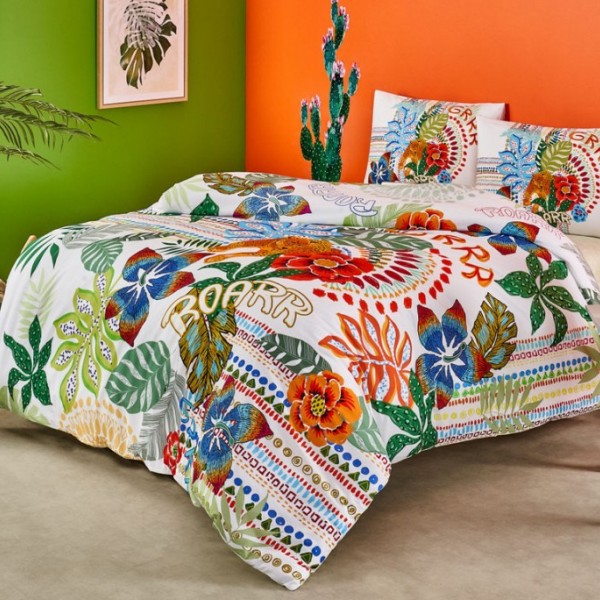 Lenjerie de pat cu elastic pentru saltea de 160x200cm din bumbac 100% ranforce cu design floral colorat, set de 4 piese