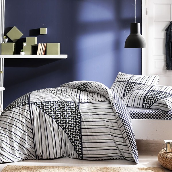 Lenjerie pat bumbac 100% ranforce Zone alb-negru 6 piese cu elastic 160x200