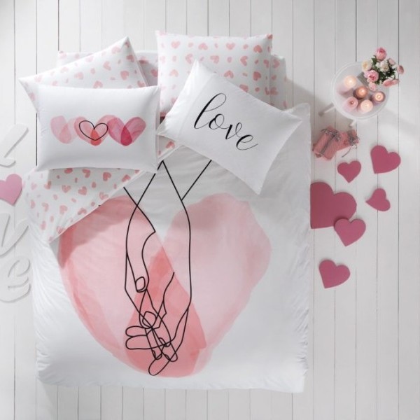 Set lenjerie de pat cu elastic alb și roz, bumbac 100% Ranforce, cu imprimeu modern de inimioare și text