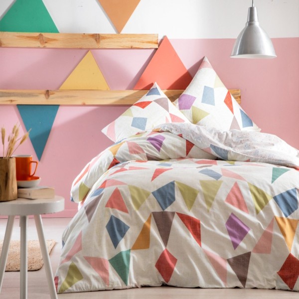 Lenjerie de pat model geometric multicolor cu forme abstracte, pat dublu, din bumbac 100% ranforce, Tac Kevin