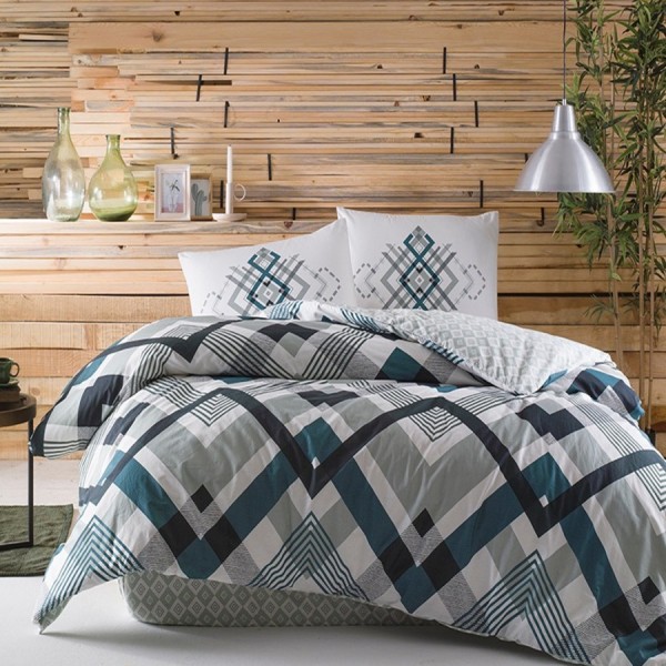 Lenjerie de pat din bumbac ranforce 100% cu model geometric în nuanțe de petrol și gri, decorată cu forme abstracte și detalii moderne