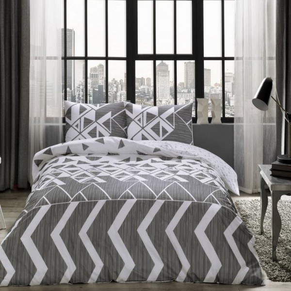 Lenjerie de pat cu elastic pentru saltea de 160x200 cm, design geometric alb-negru, bumbac 100% ranforce