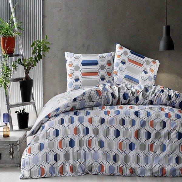 Lenjerie de pat model hexagonal geometric în nuanțe de albastru, portocaliu și gri pe fundal alb, pat dublu, din bumbac 100% ranforce, Tac Sana
