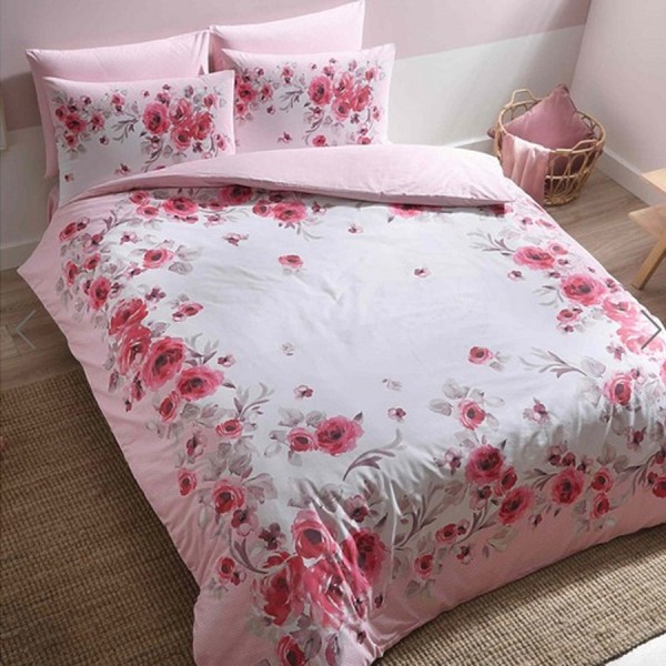 Lenjerie de pat cu elastic, model floral roz și roșu pe fundal alb, pat dublu, din bumbac 100% ranforce, Tac Shiny