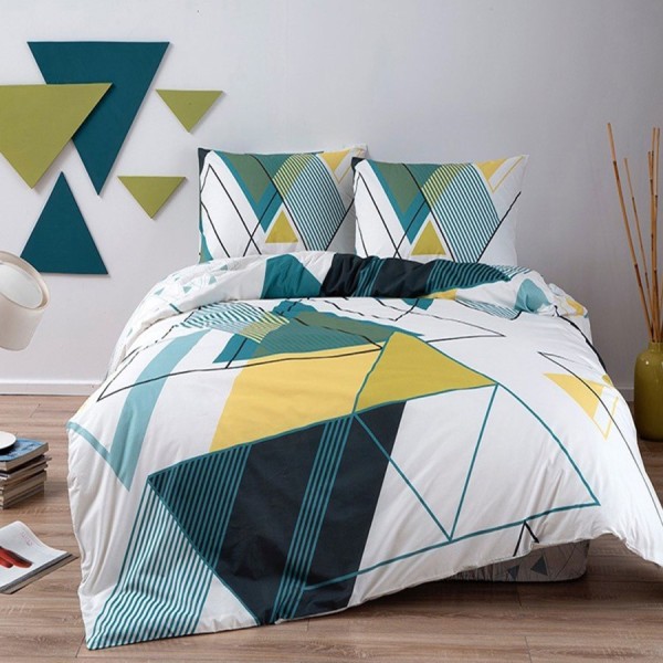 Lenjerie de pat cu elastic pentru saltea de 160x200 cm, design geometric verde, galben și albastru petrol, bumbac 100% ranforce