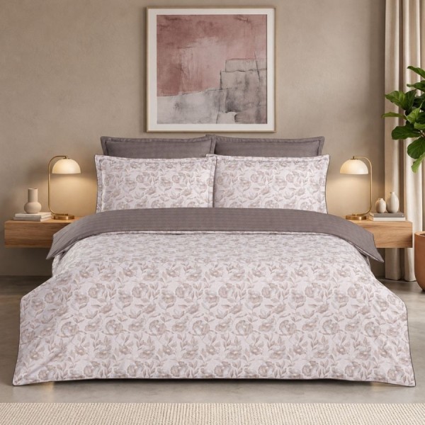 Lenjerie de pat de lux Lucrez Sand La Romano, bumbac satinat 300TC, flori bej si gri taupe