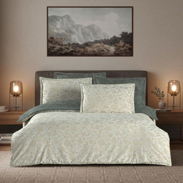 Lenjerie pat satin jacquard 300TC La Romano Edesa Bej set 6 piese floral bej verde