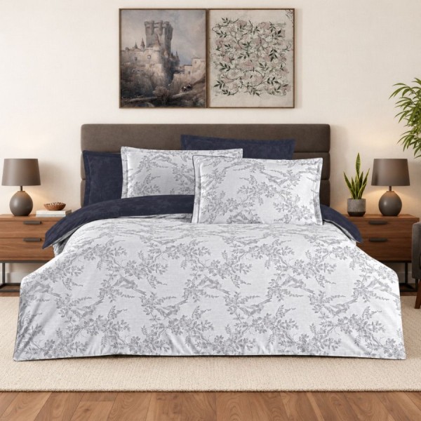 Lenjerie pat satin jacquard 300TC La Romano Merida Gri set 6 piese floral gri bleumarin