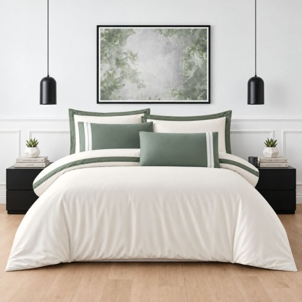 Lenjerie pat de lux Alara Crem La Romano, satin bumbac 300TC, crem cu verde si broderie decorativa