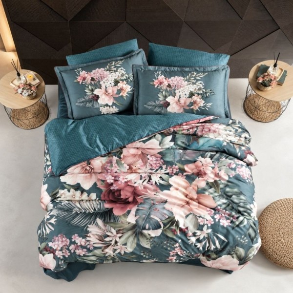 Lenjerie de pat La Romano Annamaria Tapestry bumbac satinat 300 TC cu flori roz pe fundal verde petrol