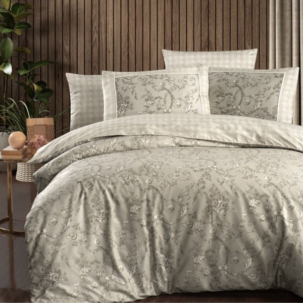 Lenjerie de pat La Romano Dema Bej bumbac satinat 300 TC model floral clasic cu arabescuri bej crem