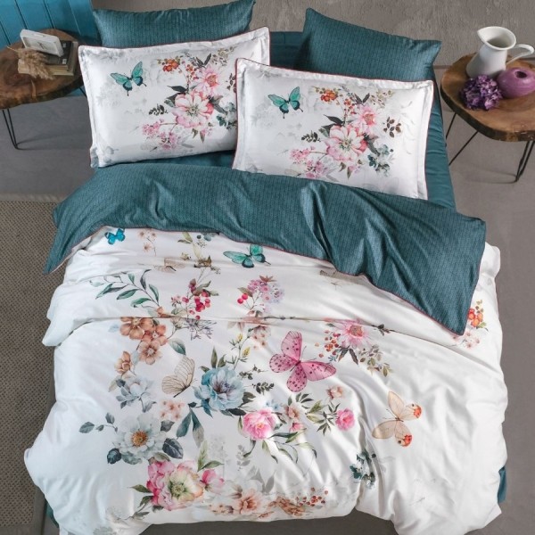 Lenjerie de pat La Romano Holea Tapestry bumbac satinat 300 TC cu flori roz si fluturi pe fond alb si verde petrol