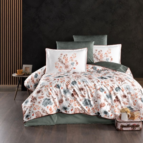 Lenjerie pat de lux premium satin, La Romano, 300TC, Madena Bej floral