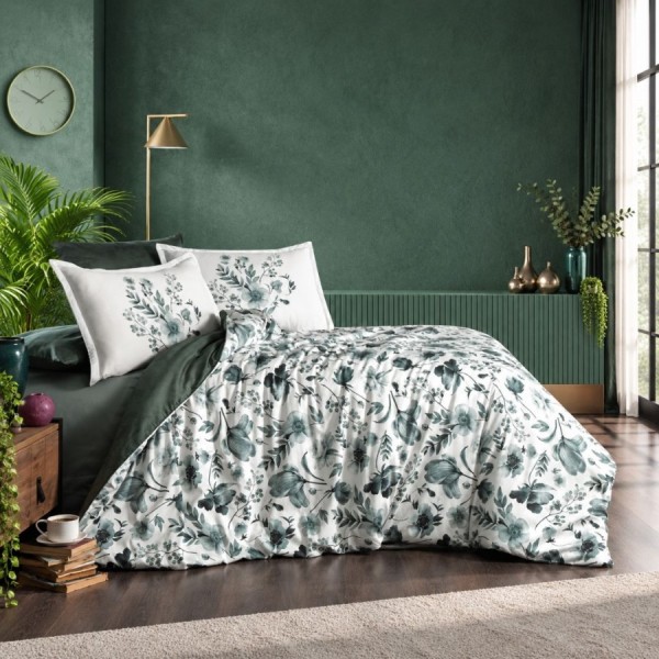Lenjerie pat de lux premium satin, La Romano, 300TC, Madena Moonmist floral (verde)