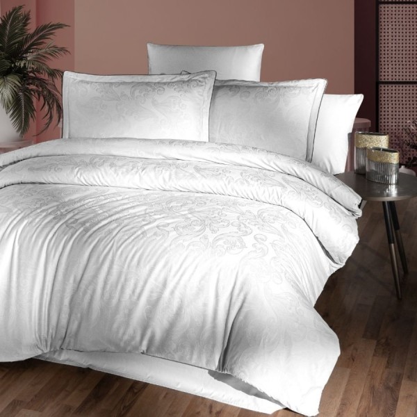 Lenjerie de pat La Romano Vandela Alba bumbac satinat 300 TC model ornamental arabescuri alb pe alb