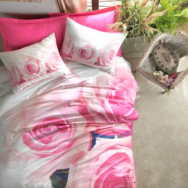 Lenjerie de pat dublu 3D din bumbac 100% ranforce, model Cotton Box Florence - Pink, cu imprimeuri realiste de trandafiri roz și alb.