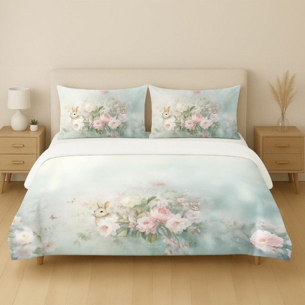 Lenjerie pat dublu 3D Paste bumbac 100% ranforce Romeo floral verde pastel cu iepurasi imprimeu digital