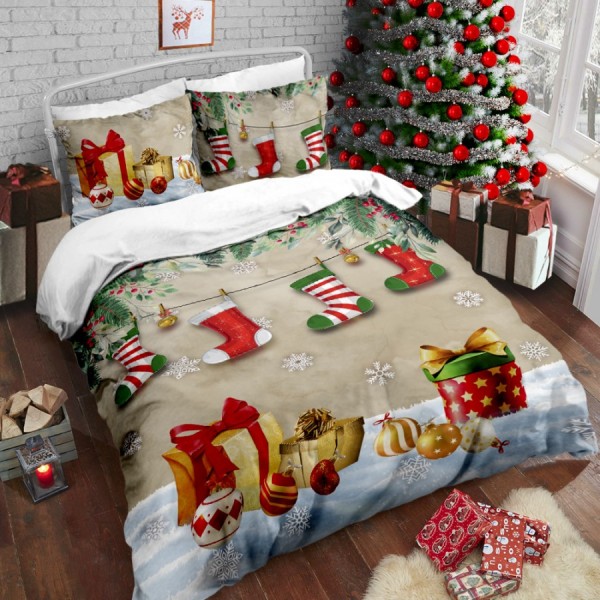 Lenjerie de pat dublu 3D Crăciun din bumbac 100% ranforce, model Cotton Club Await, cu imprimeu festiv cu ciorăpei, cadouri și decorațiuni de Crăciun