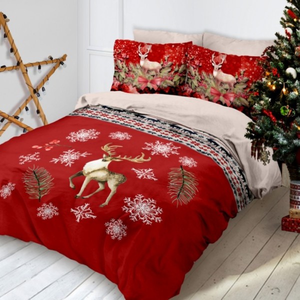 Lenjerie de pat dublu 3D Crăciun din bumbac 100% ranforce, model Cotton Club Handy, cu imprimeu festiv cu reni, fulgi de nea și decoruri de Crăciun.