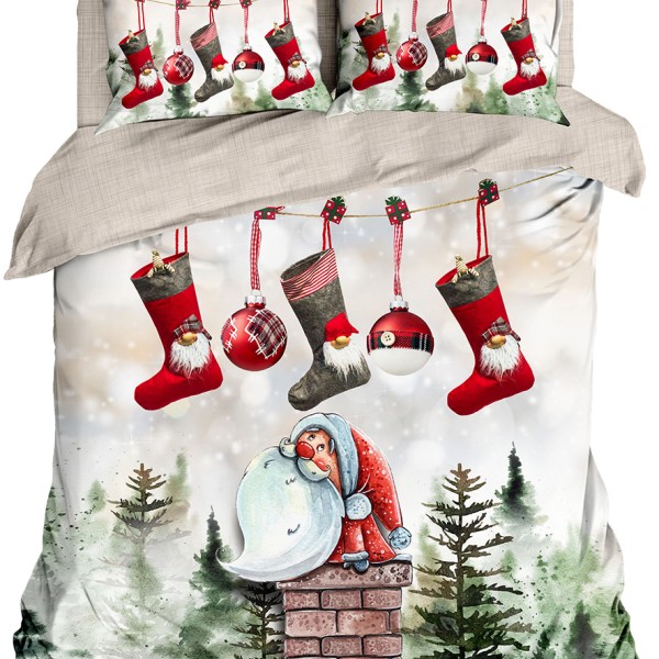 Lenjerie de pat dublu 3D Crăciun cu șosete și globuri festive, bumbac 100% ranforce