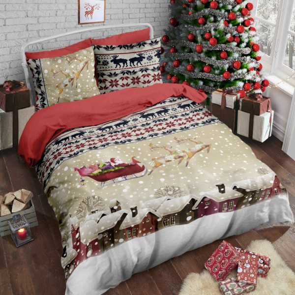 Lenjerie de pat dublu 3D de Crăciun bumbac 100% ranforce cu Moș Crăciun și reni - Cotton Club Snowy
