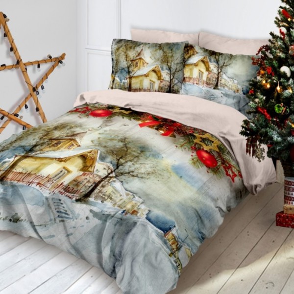 Lenjerie de pat dublu 3D de Crăciun bumbac 100% ranforce cu peisaje de iarnă și decorațiuni - Cotton Club Vista