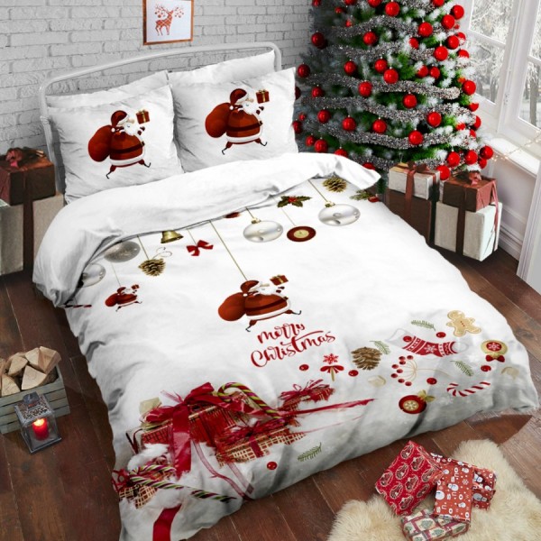 Lenjerie de pat dublu 3D bumbac 100% Ranforce Cotton Club Zilo cu design de Crăciun, ilustrând Moș Crăciun, globuri aurii și argintii, ciorapi decorați și cadouri roșii